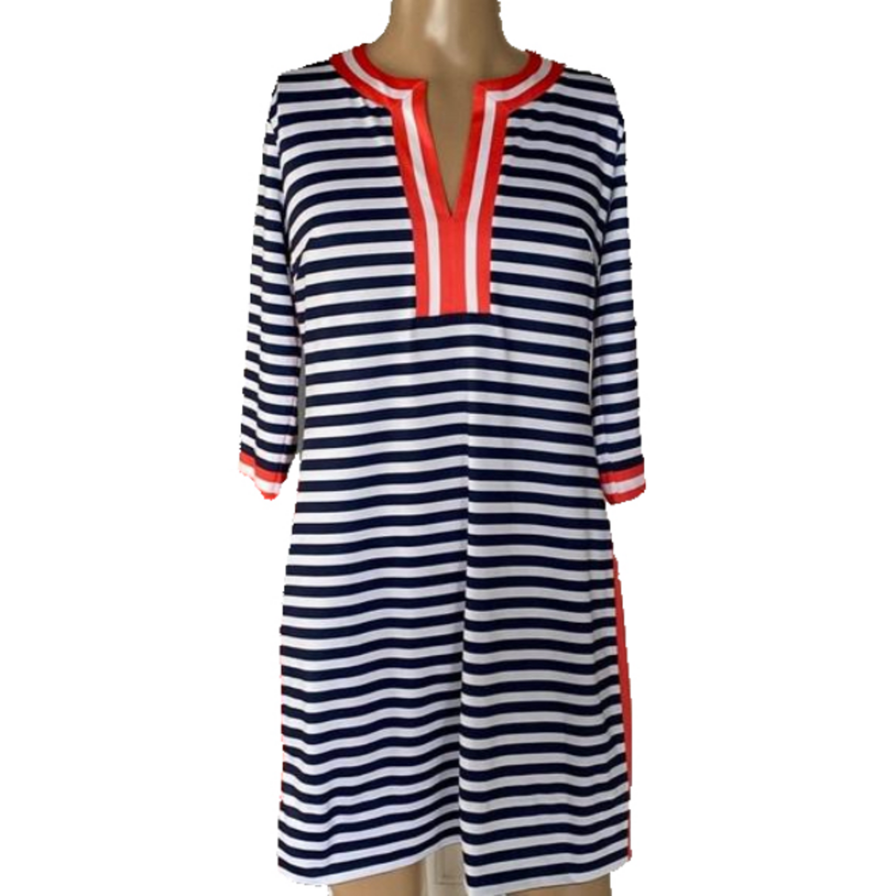 Nautical Stripe Shift Dress with Coral Trim